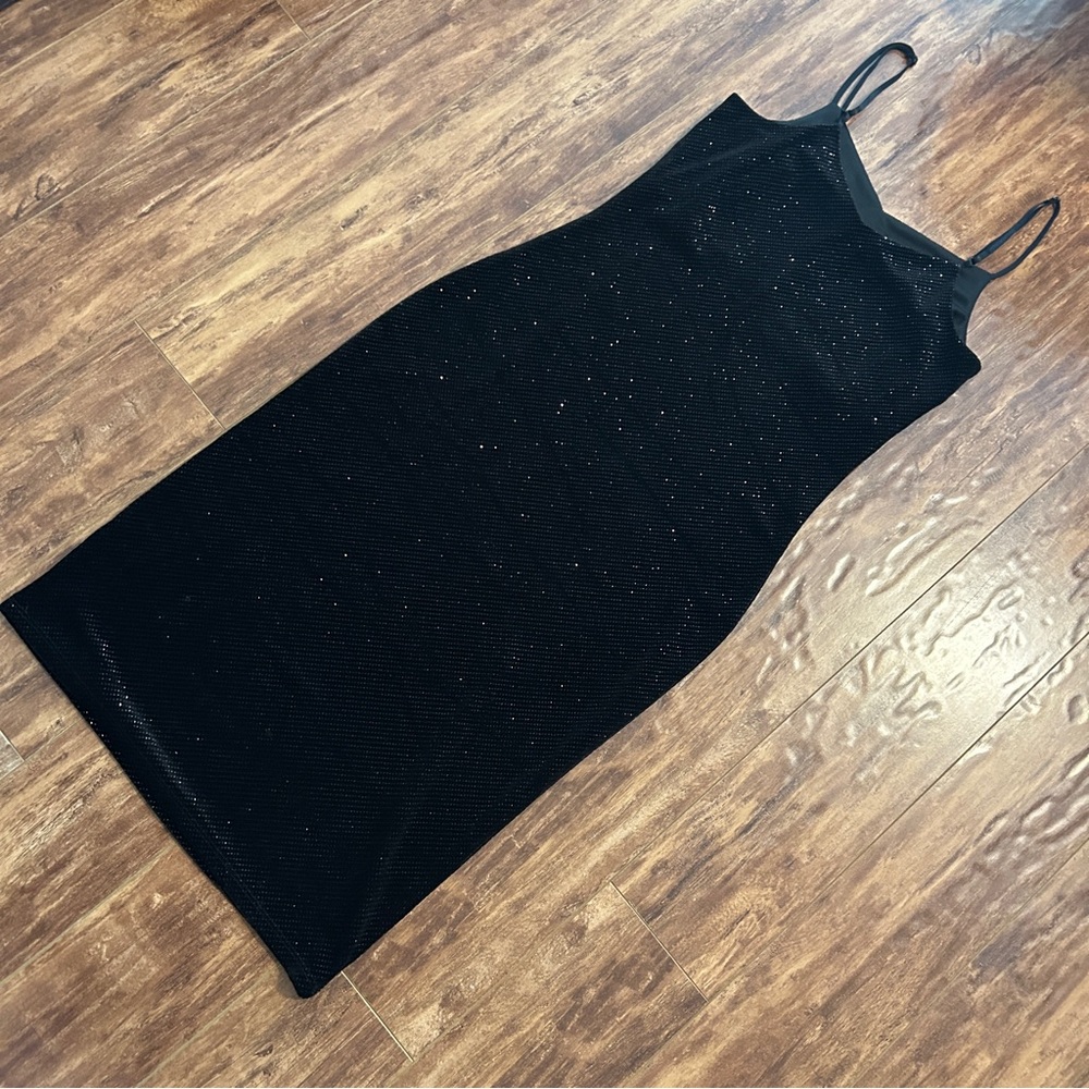 NWOT Suzy Shier sparkly black velvet bodycon dress small midi length strapsvneck - Picture 2 of 10